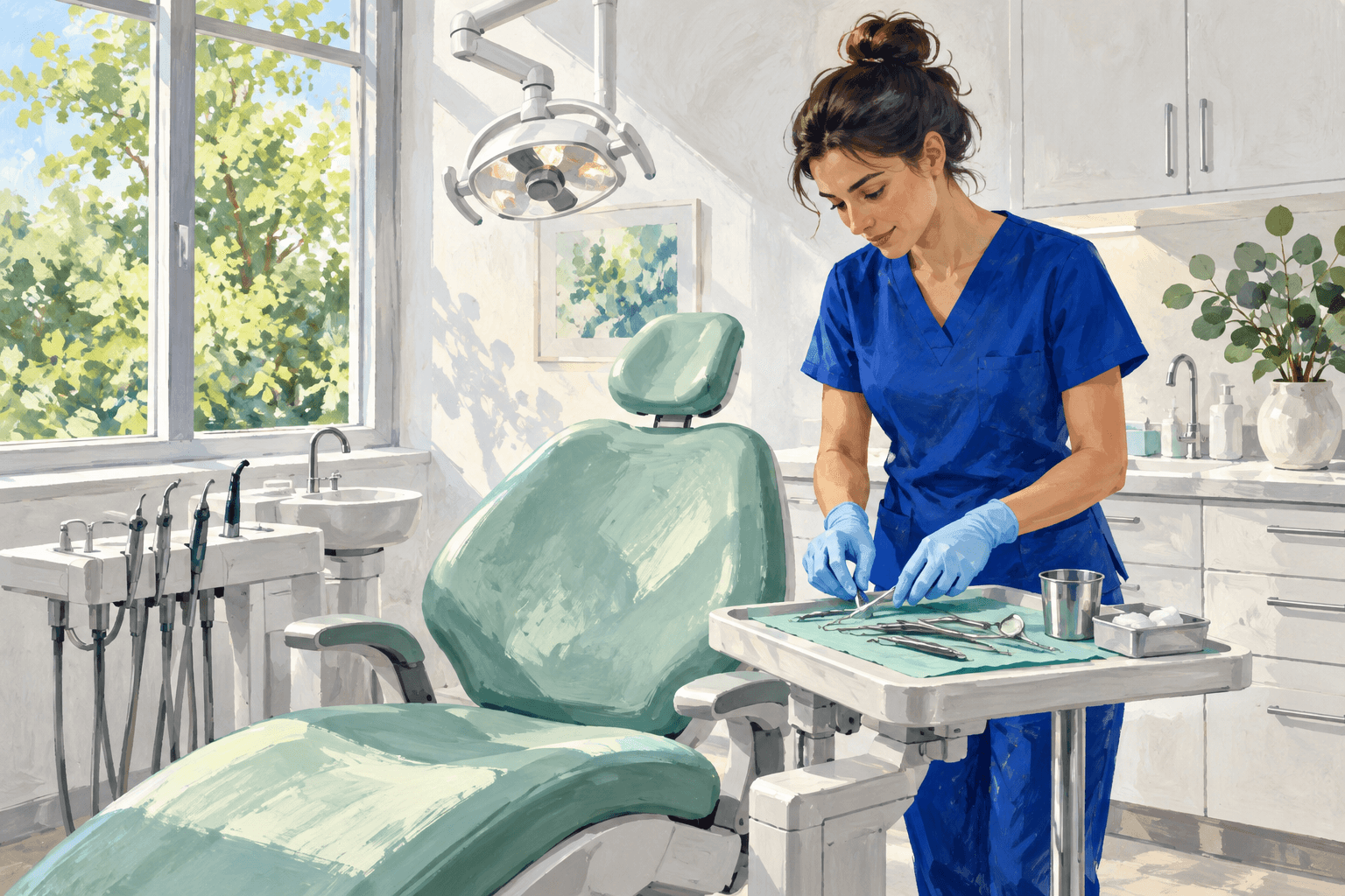 Illustration of a dental professional preparing a treatment room.