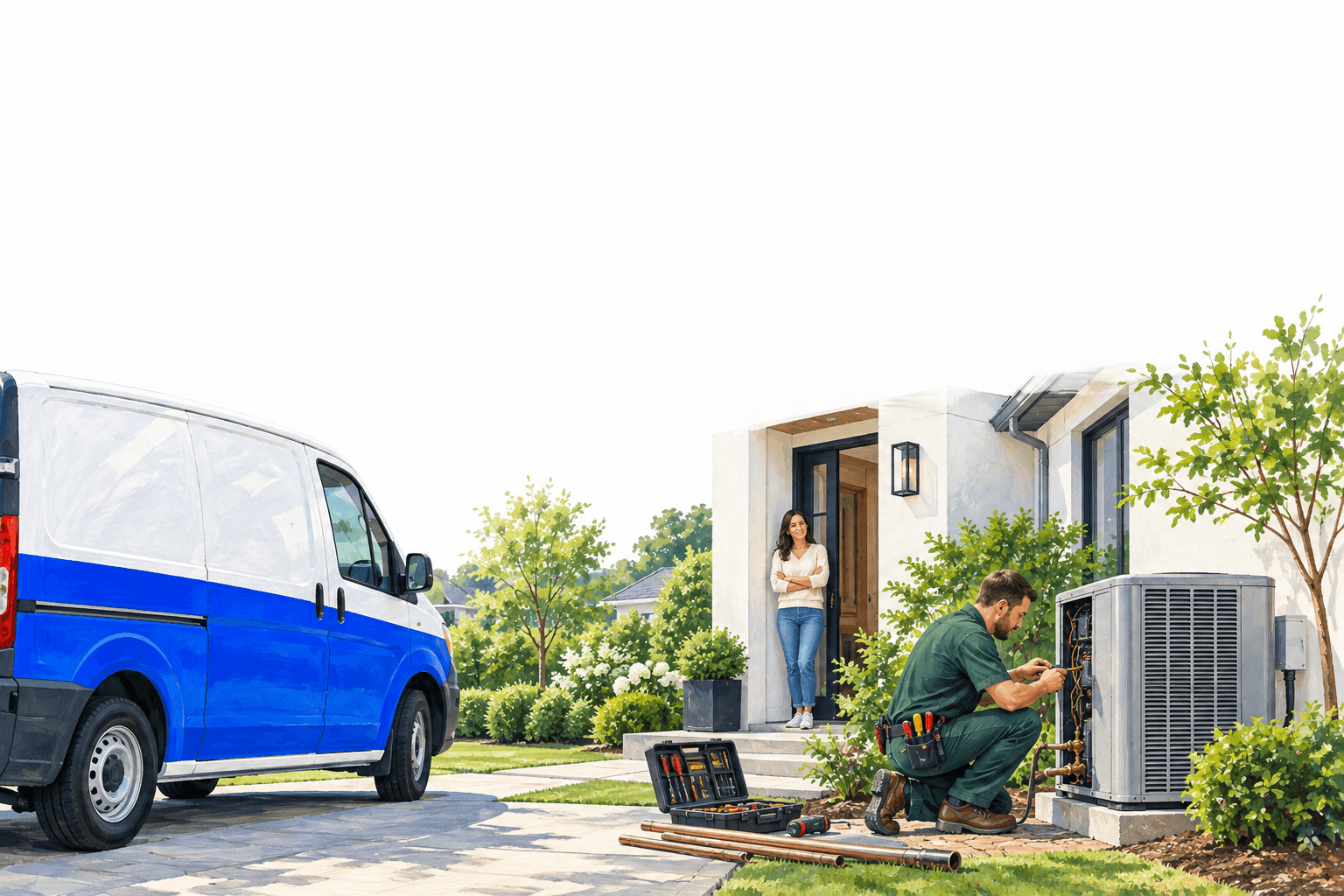 Illustration of a service technician working beside a home and a blue service van.